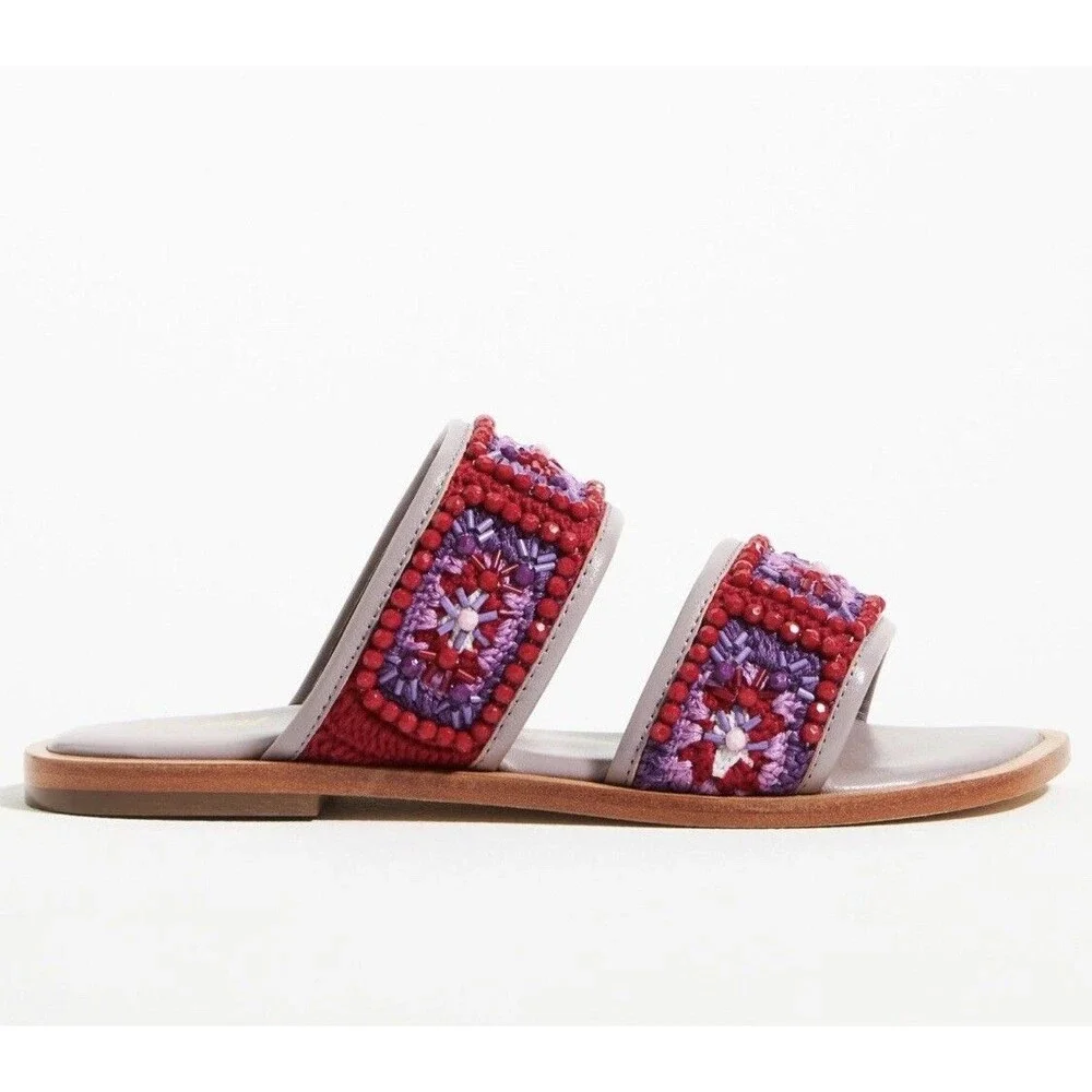 Anthropologie Coral Blue Purple Red Granny Square Flats Embroidery Bead Sandal 9